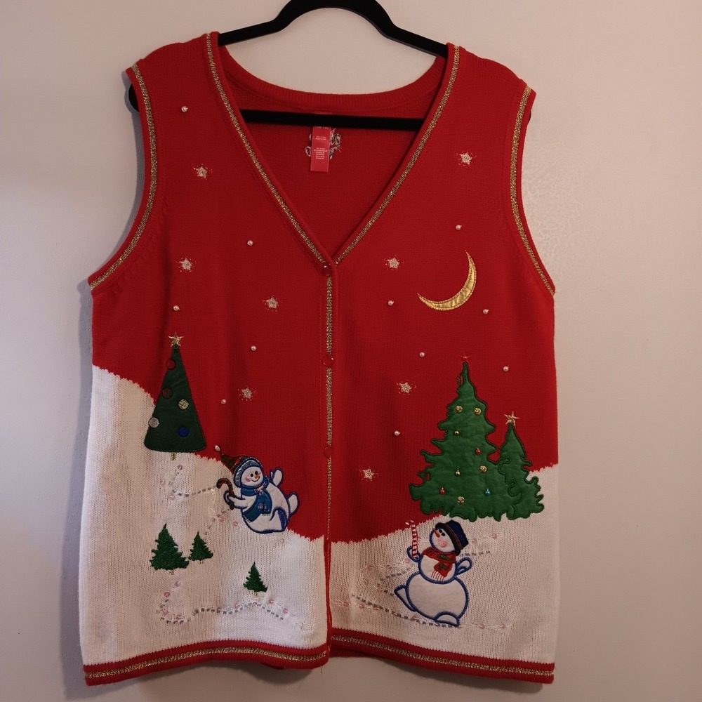 XL/XG Christmas Holiday Snowman‎ Trees Pearls Ugly Vest Sweater Sleeveless